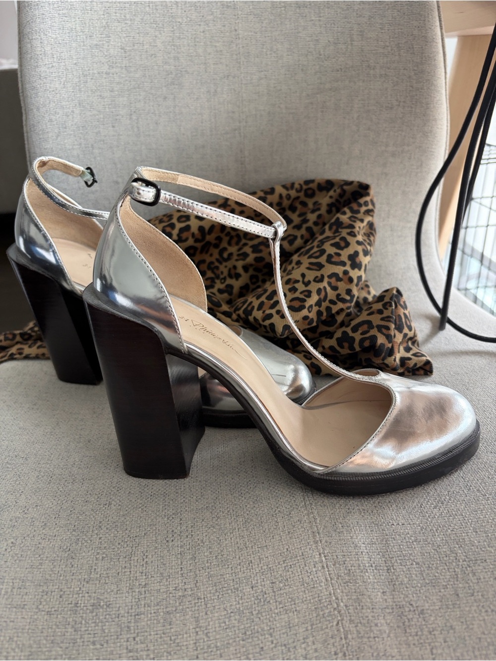 Women's Silver T-Strap Block Heel Pumps